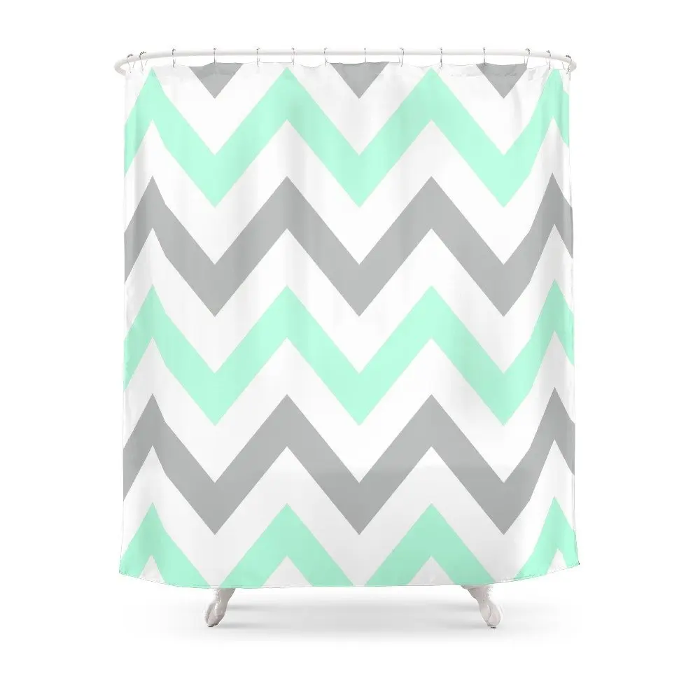 MINT &amp GRAY CHEVRON Shower Curtain Set Waterproof Polyester Fabric Bath For Bathroom With Non-slip Floor Mat | Дом и сад