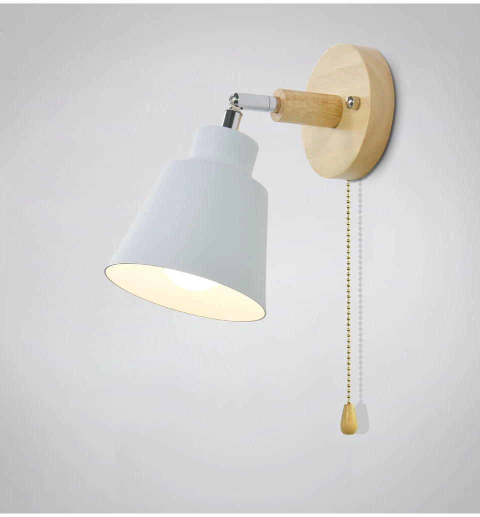 Скандинавский деревянный настенный светильник прикроватный настенный светильник E27 бра настенный светильник для спальни коридора 4 цвета с переключателем на молнии свободно вращающийся