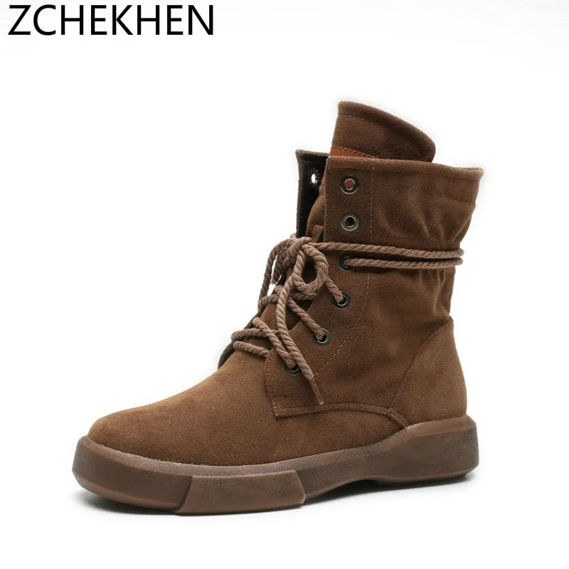 

Nubuck Leather warm Fur Lace-up Women's Martin Boots Winter thick bottom Women kanye west ankle Snow Boots Woman Military Shoes