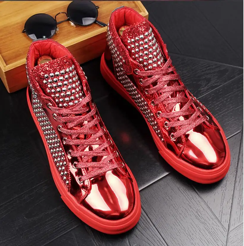 

2019 Men Fashion Sneakers Luxury Men Casual Shoes High Top Flats Fashion Lace-Up Men Studded Rivets Ankle Boots