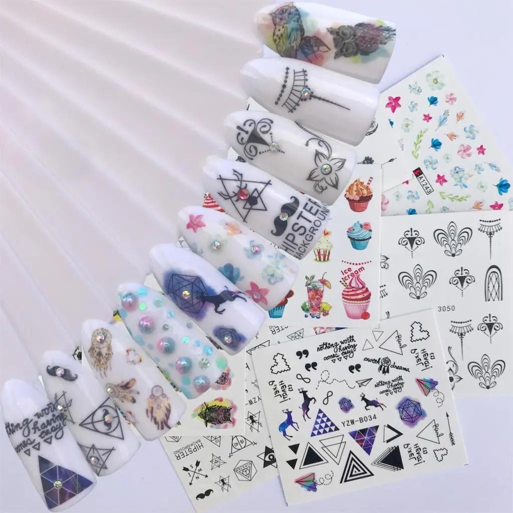 

YWK 10 Sheets Water Decal Nail art Nail Sticker Slider Cake Negative Space Elk Flower Colorful Tip DIY Nail Decals Decoration