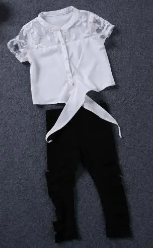 Yorkzaler Одежда для девочек набор кружева топы с короткими рукавами+ черные штаны с дырками 2 шт. детская одежда летняя одежда для малышей наряды дропшиппинг - Цвет: White