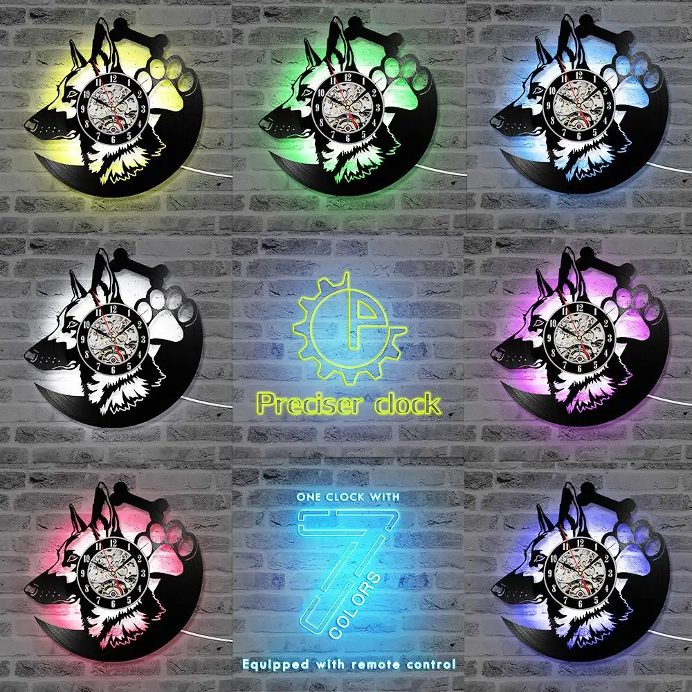 Beste Duitse Herdershond Record Klok LED Klokken voor Woonkamer Vinyl Record Opknoping Klok Verlichting Amimal Silhouet Room Decor