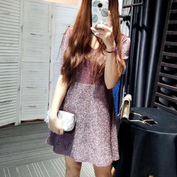 

Cakucool Gold Lurex Dress Half Sleeve Summer Vestido A-line High Waist Silver Thread Runway Shinny Super Thin Sexy Mini Dress