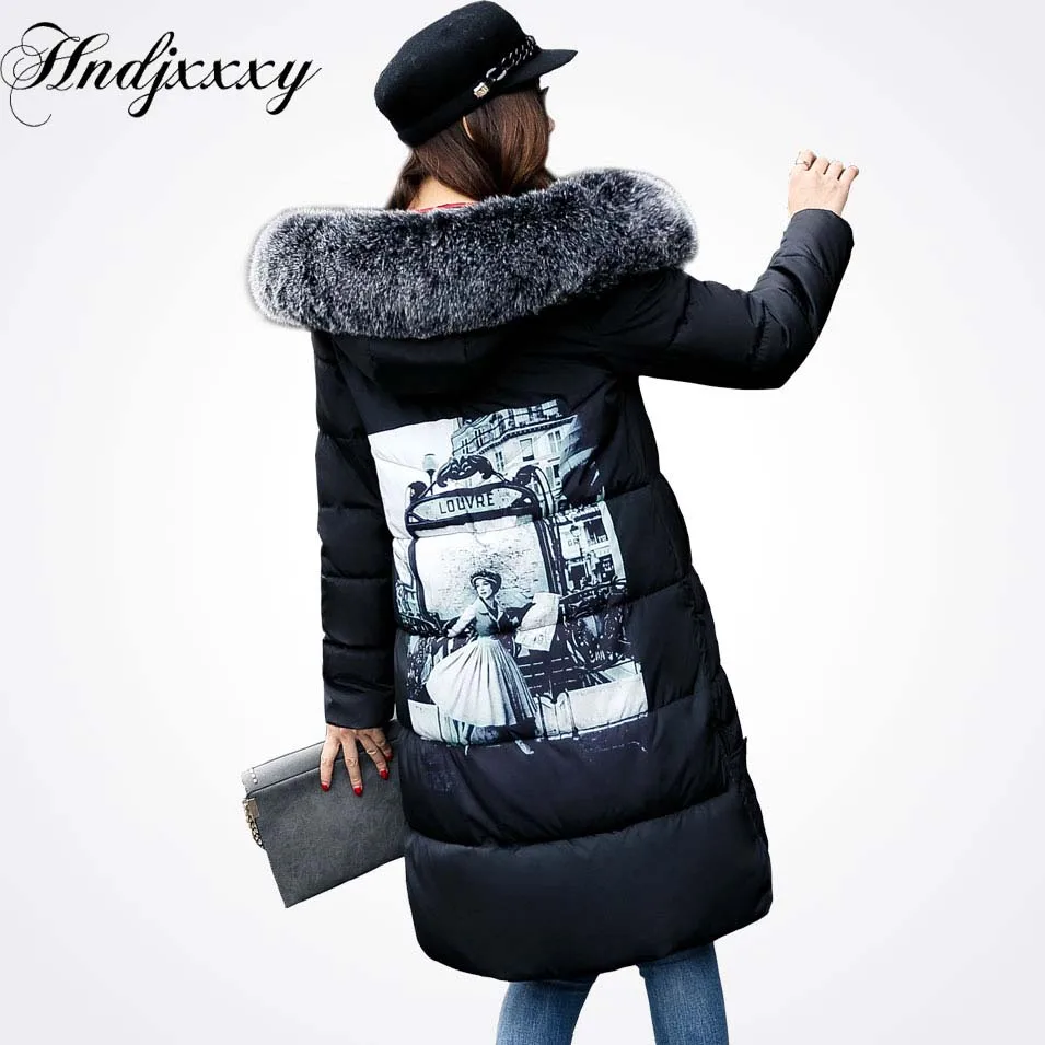 Hndjxxxy Winter Jacket Women 2018 Large Fur Back Print Pattern Coat Casual Outwear | Женская одежда