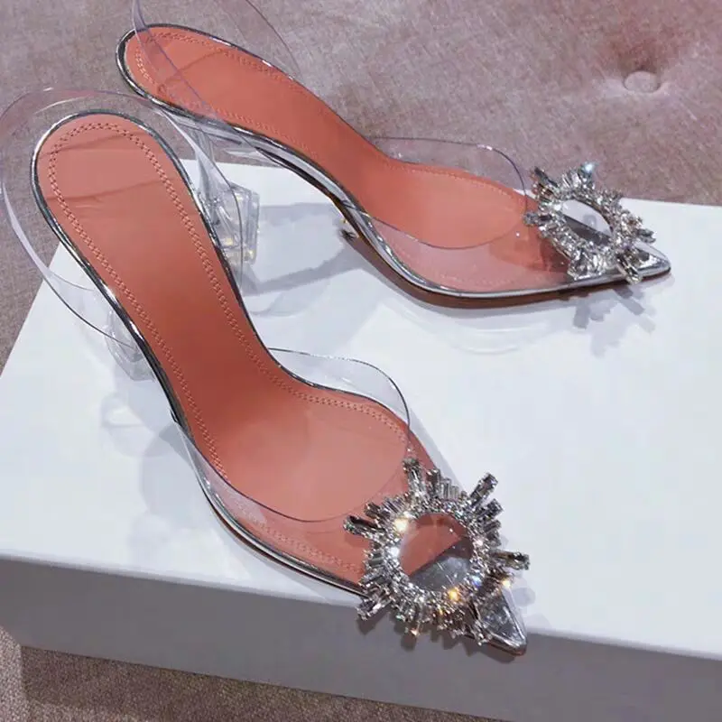 New PVC Transparent High Heel Crystal Pumps Sandals Woman Pointed Toe Perspex Heel Women Bride Wedding Shoes 9CM Pumps