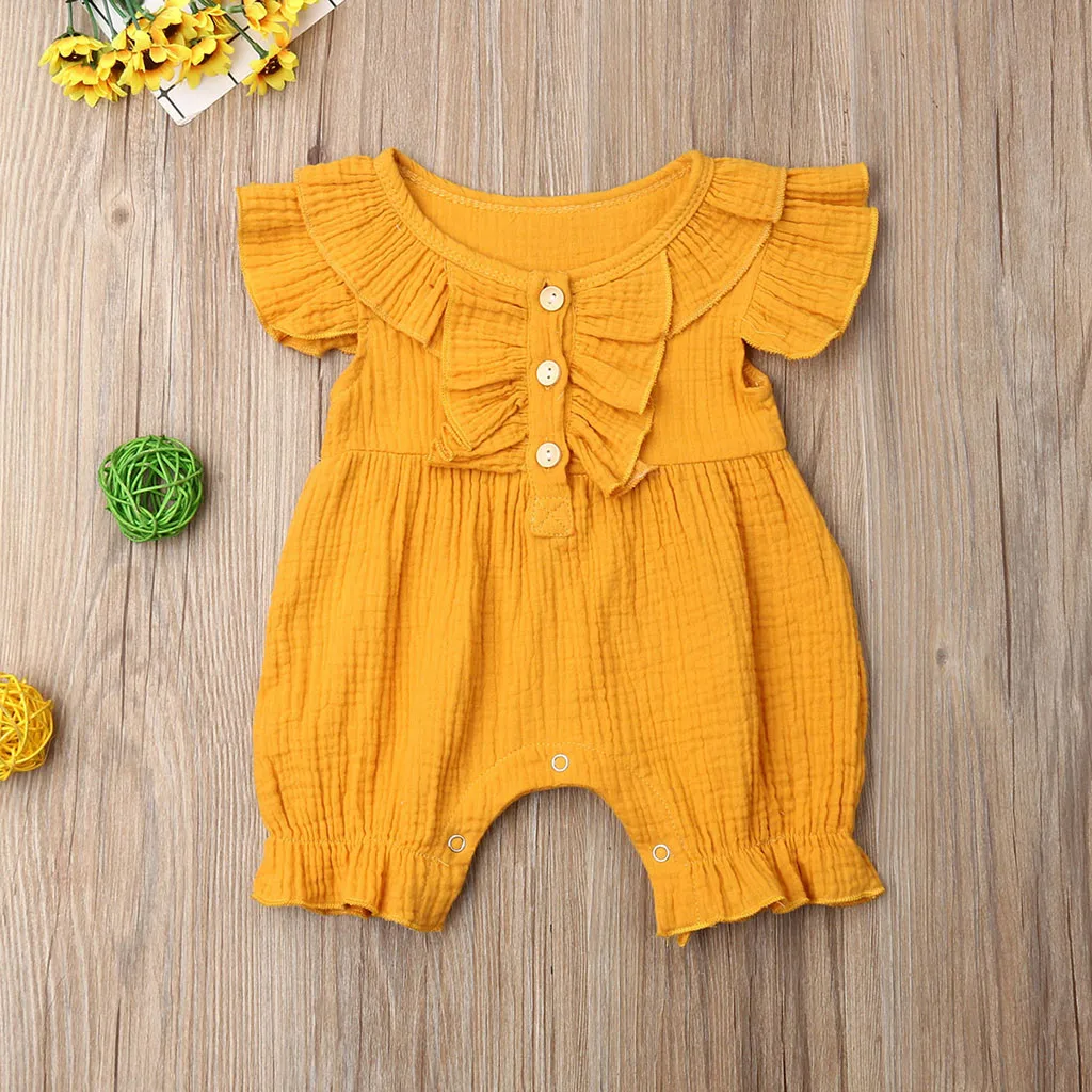 Summer Infant Baby Boys&Girls Fly Sleeve Ruffles Solid Romper Jumpsuit Clothes bebek tulum baby jumpsuit linen baby clothes