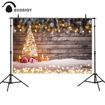 

Allenjoy background for photo shoots Christmas tree wood wall snow shinny celebrate decoration photocall photo background