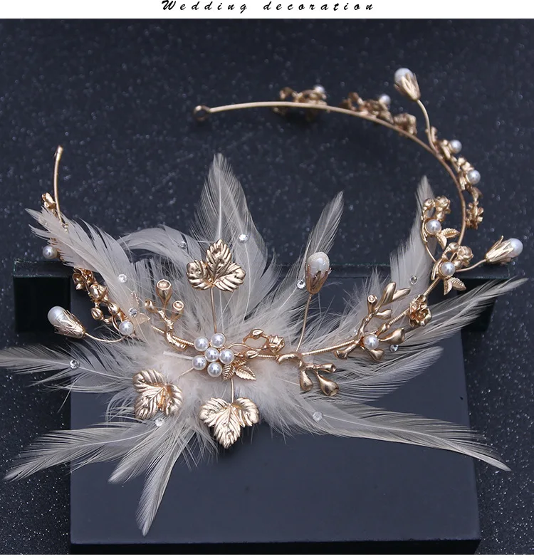 Барокко перья красивый металлический лист перо свадьба Принцесса Корона невесты головной убор Свадебные украшения для волос