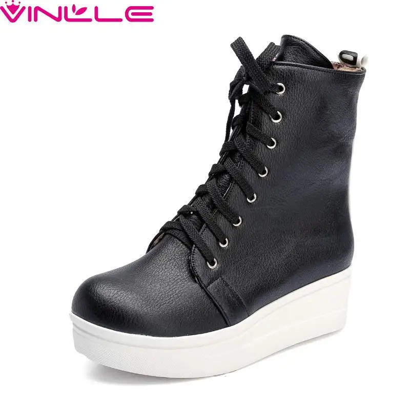 

VINLLE Women Boots Fashion Lace Up Round Toe Ankle Boots For Miss Flat Platform Boots Short Plush Women Winter Shoes Size 34-43
