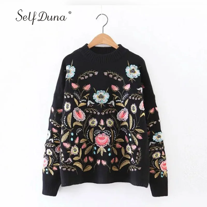 Self Duna, осенне-зимний вязаный свитер с вышивкой, Черный винтажный вязаный свитер с цветочной вышивкой, женские пуловеры, джемпер