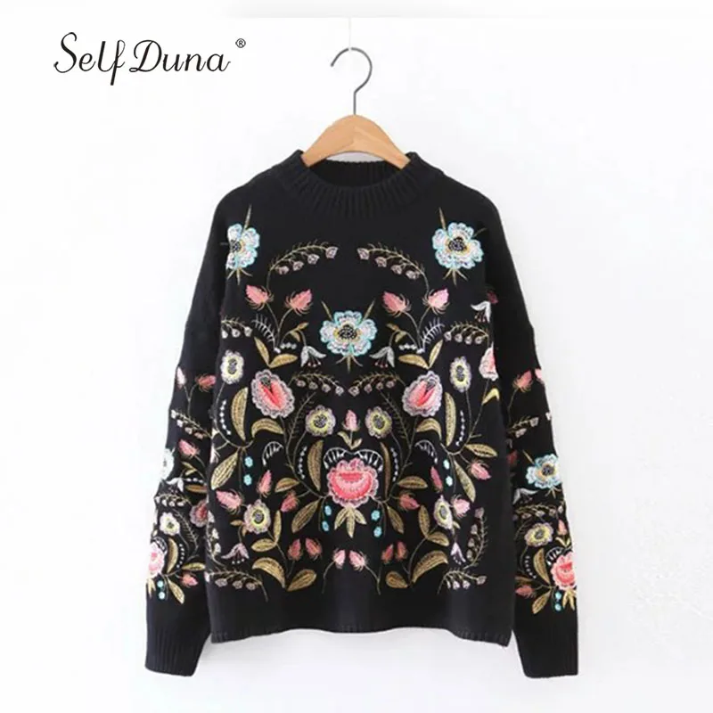 Femmes Automne Fleur Hiver Black Tricots Broderie Jumper Pulls Duna Tricoté Brodé Floral Vintage Noir Chandail 2019 Auto qPtOEO