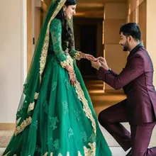 Арабское кружевное свадебное платье трапециевидной формы с длинными рукавами и бусинами Vestidos De Noiva Estilo Princesa, зеленое мусульманское свадебное платье