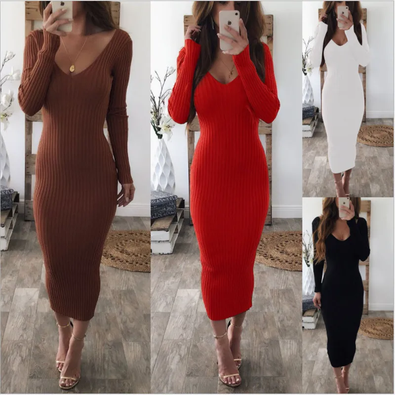 

Spring Autumn Women Dress Solid Striped Mid Calf Female Pencil Dresses Skinny Long Sleeves Deep V-Neck Sexy Backless Vestidoa