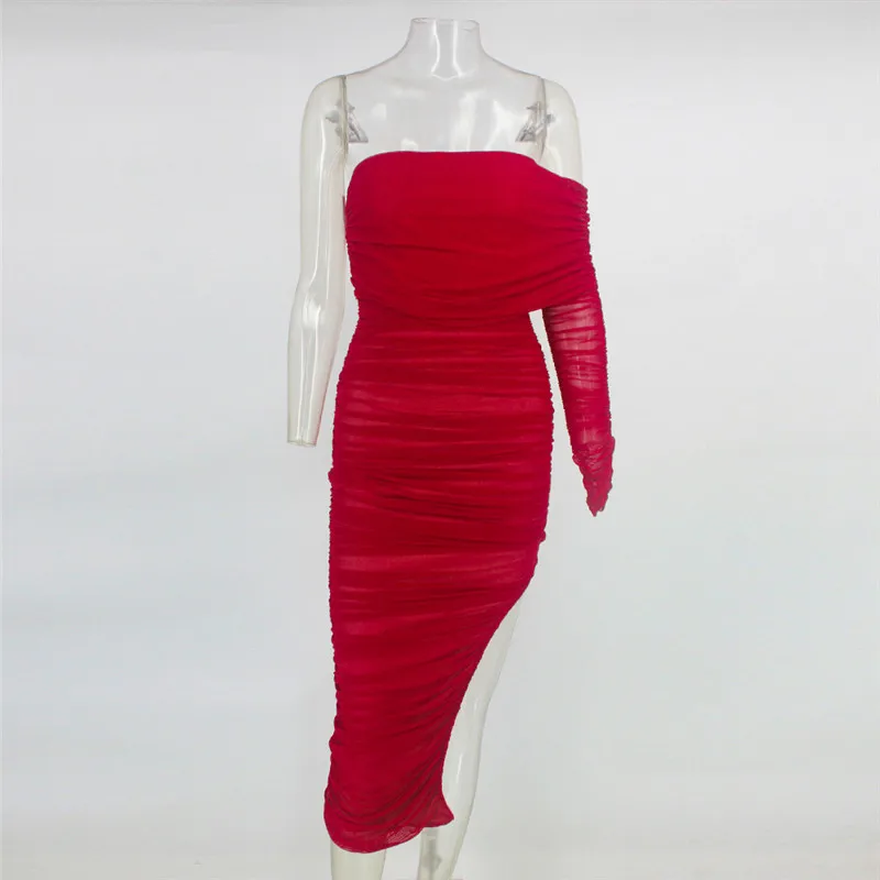 COSYGAL, одно плечо, длинный рукав, боковое пикантное платье с разрезом, женское однотонное Сетчатое облегающее платье, платья для вечеринок в ночном клубе - Цвет: Красный