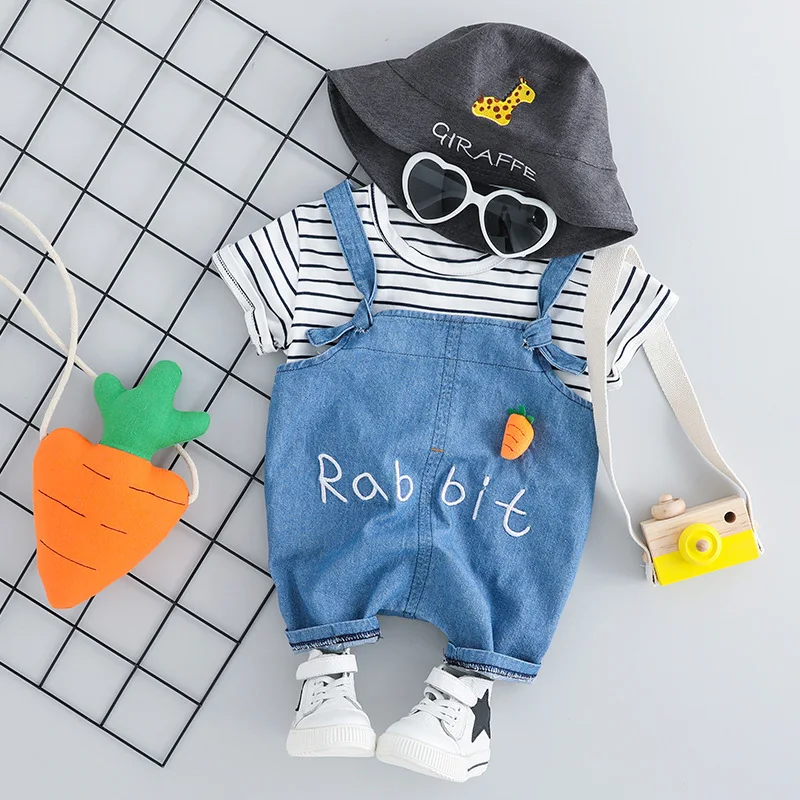 

Summer Baby Boy Outfit Striped T-shirt & Denim Suspenders Shorts 2pcs Newborn Baby's Sets Cotton Infant Clothing Casual Boy Suit