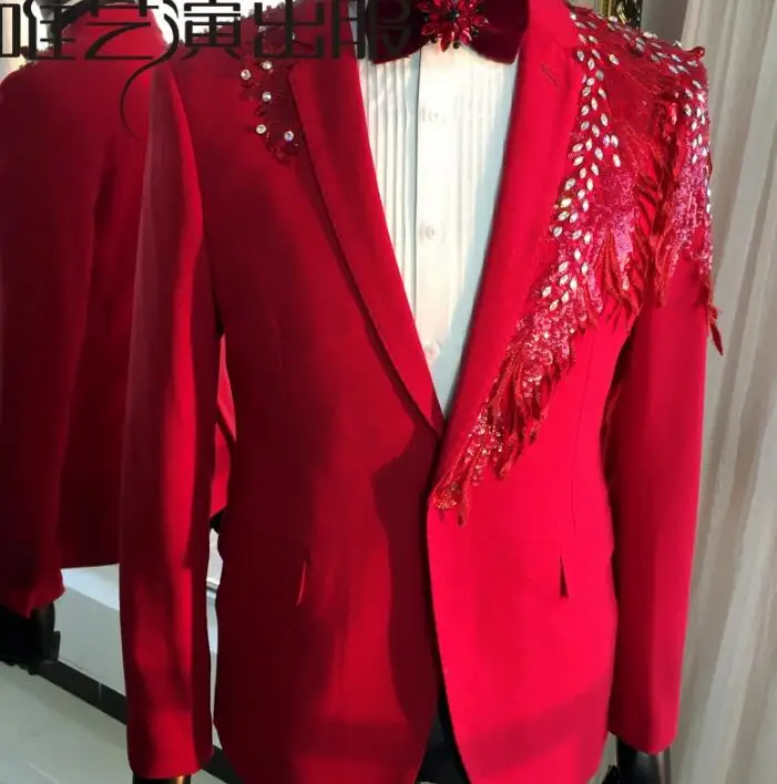 Red fashion men sequins suits designs stage costumes for singers men