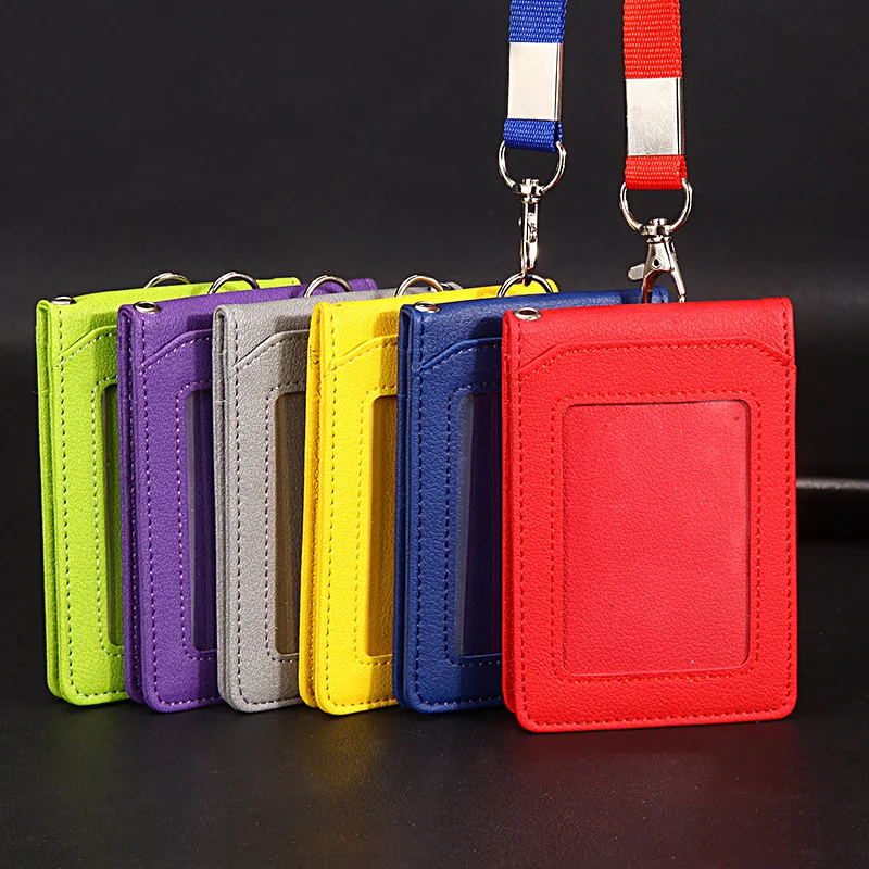 

PU Leather ID Card Holder Case Lanyards Staff Identification Neck Strap Business Double Layer Credit Card Cover Office Supplies
