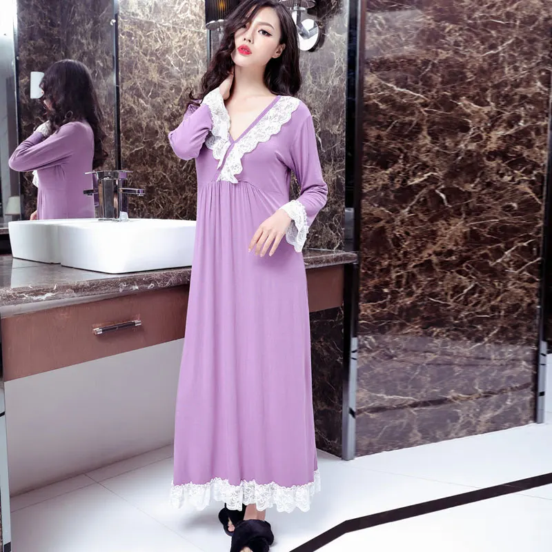 

Home Dress Female Spring Autumn Modal Lace V-neck Feminine Elegant Princess Cotton Long Sleeved Sleep Dress