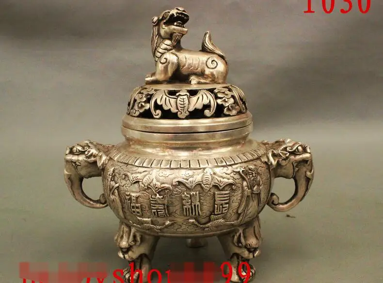 Chinese Silver Bat Beast Lion Head Longevity God Statue Incense Burner Censer | Дом и сад