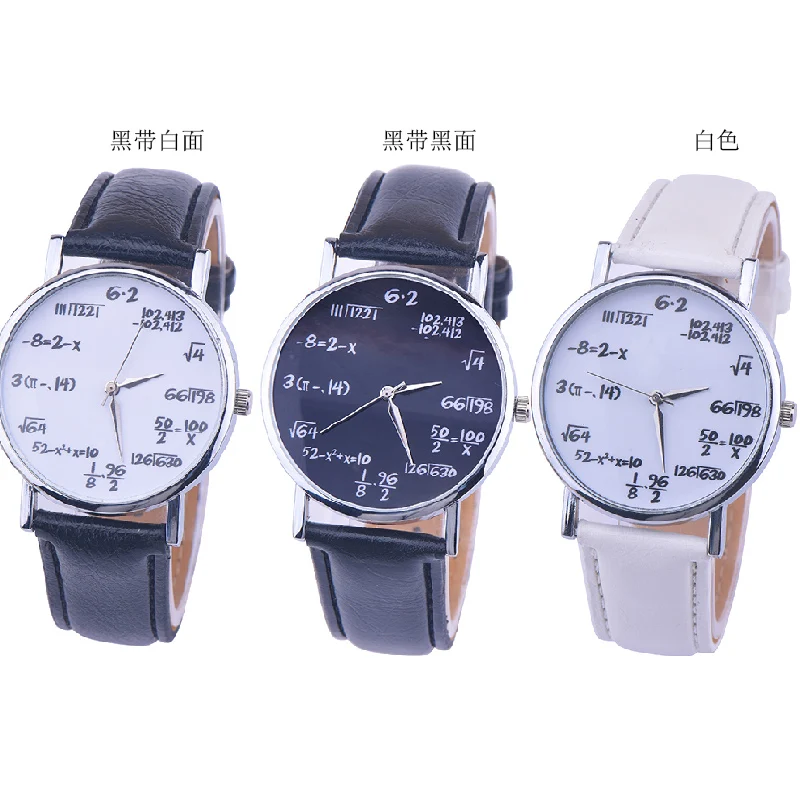 

100pcs/lot, Fashion Math Square Root Watch Funny Numbers Comment Women Men Dress Casual Analog Quartz PU Leather Wrist Watch