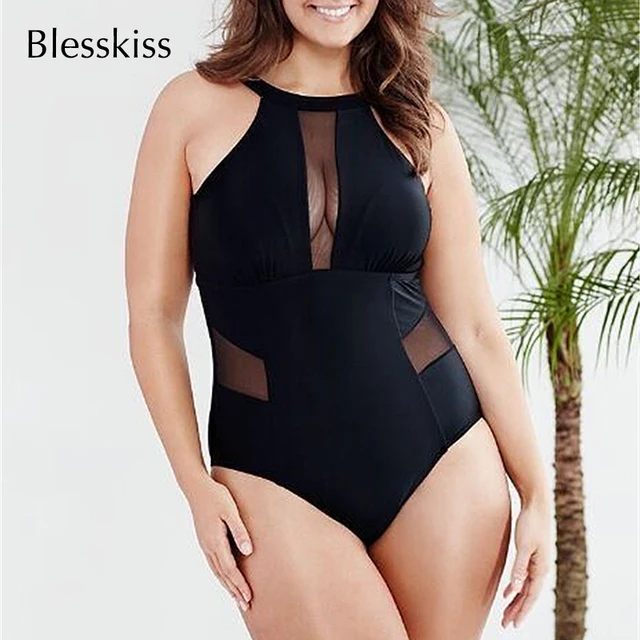 BlessKiss Mesh Front & Side Panel Black One Piece Swimsuit 1