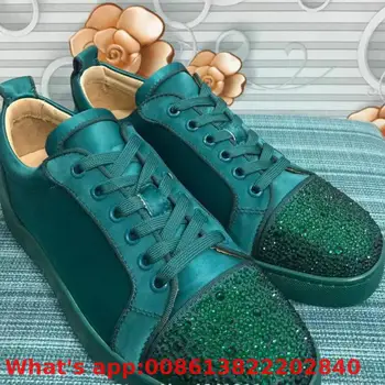 

Lack Up Green Velvet Leather Rhinestone Red Bottoms Shoes Low Cut For Men Shoes Rivet Casual Couple Models Flat Loafers