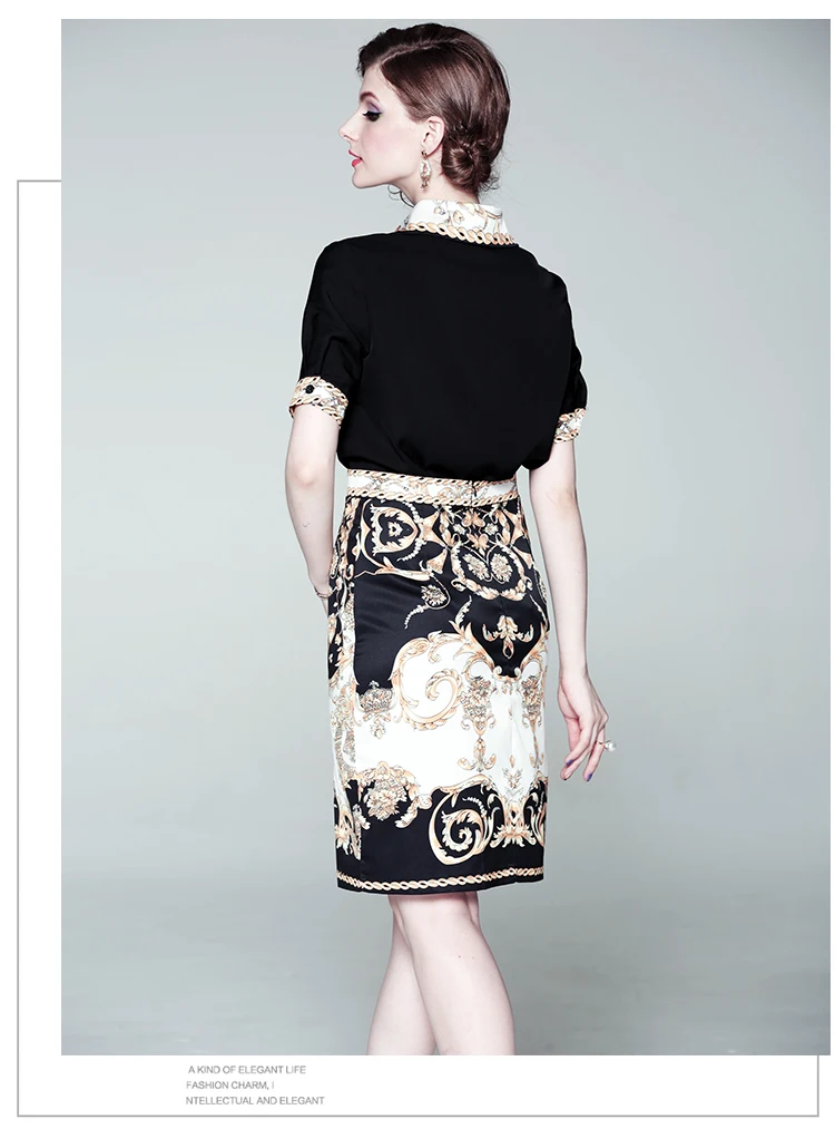 Женский комплект из двух предметов, рубашка с короткими рукавами в стиле пэчворк, топ и облегающая юбка, комплект, летняя Офисная Женская одежда с принтом в стиле барокко, комплект из 2 предметов