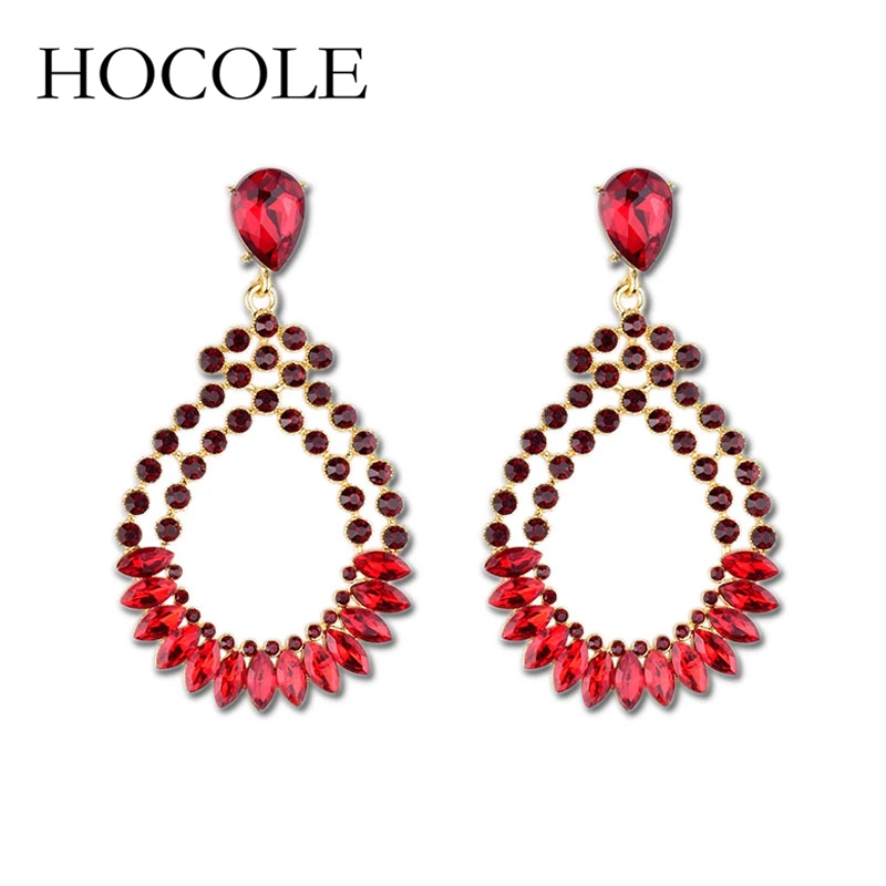 

HOCOLE New Red Green white Large Drop Earrings Teardrop Shape Crystal Earrings for Women Rhinestone Dangle Wedding Earrings