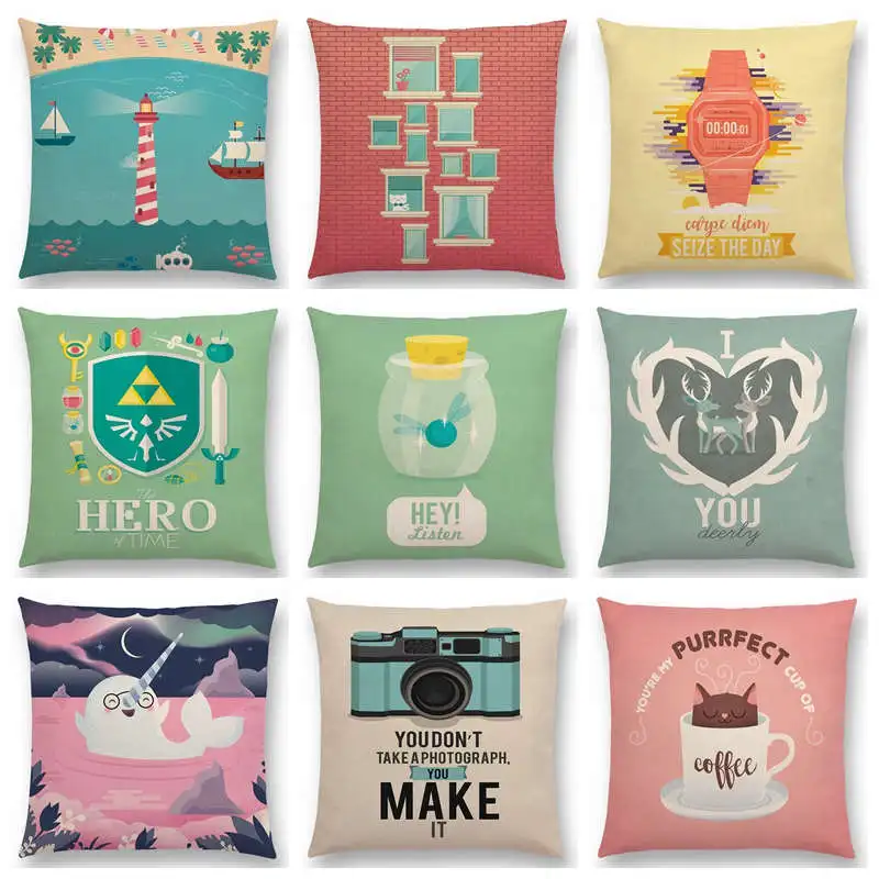 

Seaside Bricks Windows Carpe Diem Love Deer Narwhal Zelda Hero Golden Snitch Camera Coffee Cushion Cover Sofa Throw Pillow Case