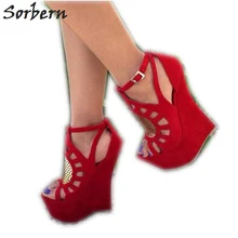 Sorbern/красные женские босоножки; открытые туфли на танкетке с вырезами; Босоножки на платформе; женские сандалии из органической кожи на высоком каблуке; летние туфли-гладиаторы из сетчатого материала