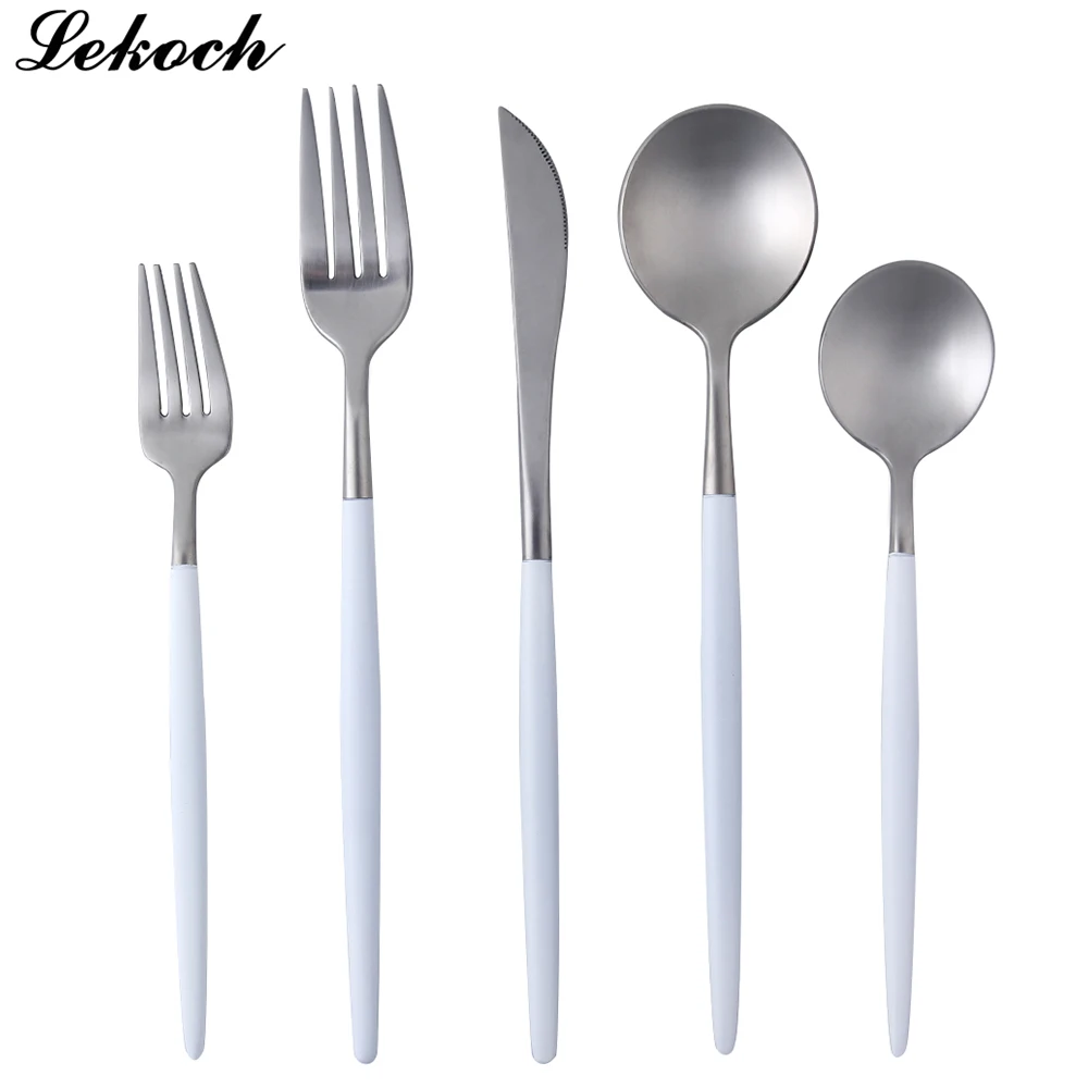 

5PCS/Lot Cutlery Set Stainless Steel Dinnerware Set White Haldle Sliverware Set Fork Knife TeaSpoons Restaurant Tableware Set