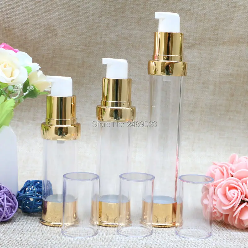 

High-grade Mini 15ml 20ml 30ml Gold Refillable bottles Cosmetic Packaging Airless Bottles Plastic Makeup Container 10pcs/lot