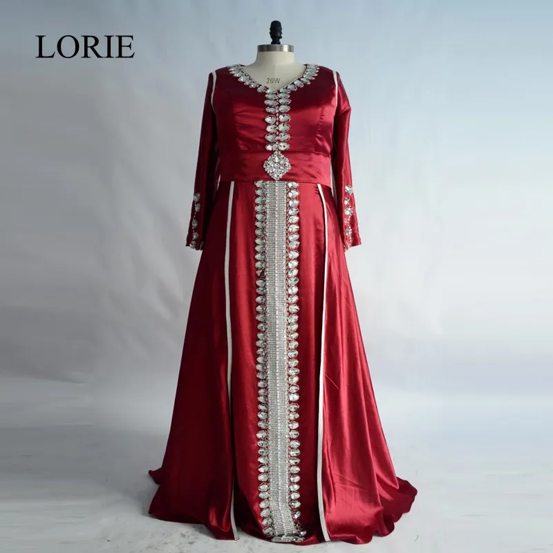 

Plus Size Kaftan Evening Dresses 2018 LORIE Moroccan Burgundy Long Sleeve Prom Dresses Crystals Beaded Abaya In Dubai Party Gown