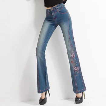 

FERZIGE Brand Embroidered Pants 2019 Sweet Elastic Skinny Flare Pants Women Streetwear High Waist Jeans Female Blue Plus Size 36