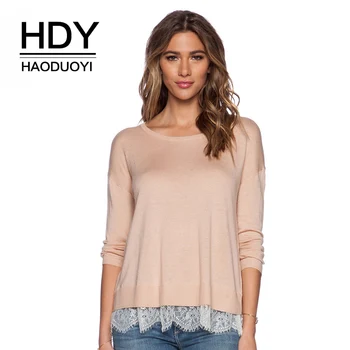 

HDY Haoduoyi Brand 2020 New In Solid Apricot Sweet Women Sweaters Lace Patchwork Hem Knitted Female Tops Casual Lady Pullovers