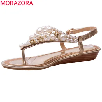 

MORAZORA 2019 new arrival women sandals genuine leather shoes sweet pearl summer sandals buckle fashion wedges shoes woman