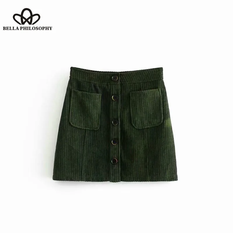 Wonder 2018 new Vintage Elegant Pockets Buttons Corduroy Mini Skirt High Waist A Line Streetwear Skirts Casual Faldas Mujer