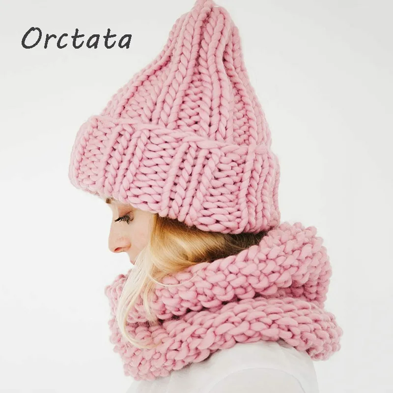 

Winter Pink Woolen Knit Women Beanies Hats Cap Fashion Unisex Spring Autumn Solid Coarse Yarn Warm Knitted Men Skullies Cap Hat