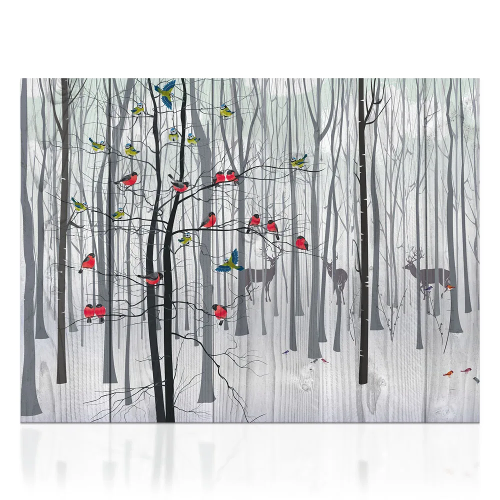 Canvas Wall Art Decor Black and White Foggy Forest Trees Deer Picture Prints Wood Background Dual View North Europe | Дом и сад