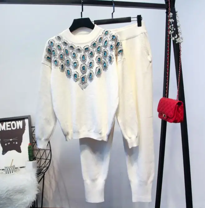 Модный осенне-зимний женский пуловер с блестками+ трикотажные брюки костюм из двух предметов для отдыха