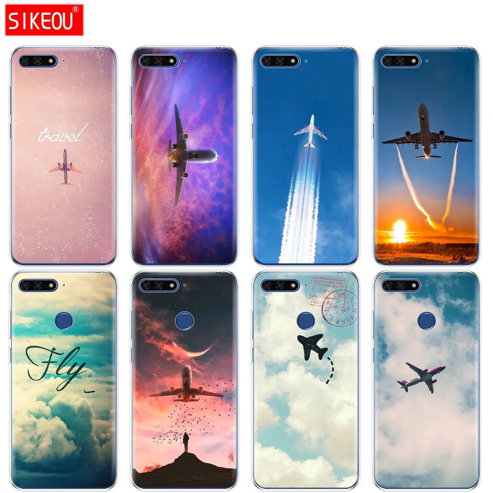 

Silicone Cover Phone Case For Huawei Honor 7A PRO 7C Y5 Y6 Y7 Y9 2017 2018 Prime the airplane flying into the sunset