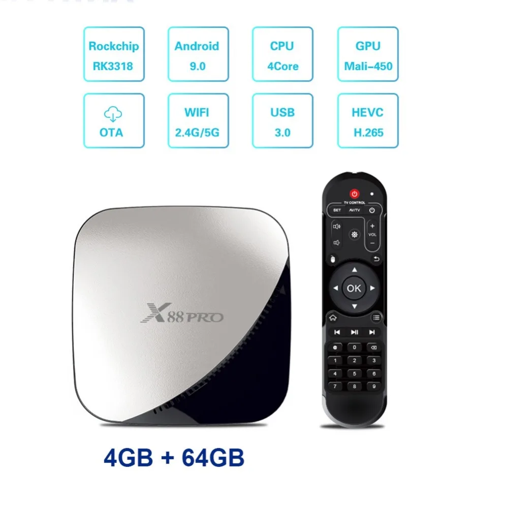 Ilebygo X88 pro Android 9,0 ТВ коробка 4G 64G RK3318 4 ядра 2,4G и 5G Wi-Fi 4 K HDR Smart Декодер каналов кабельного телевидения USB 3,0 Поддержка 3D фильм Ott Box