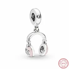 Серебро 925 кулон в форме наушников Шарм Сердце украшенный розовый муфта Классический Логотип Fit Pandora браслет DIY женщин ювелирных изделий FL932