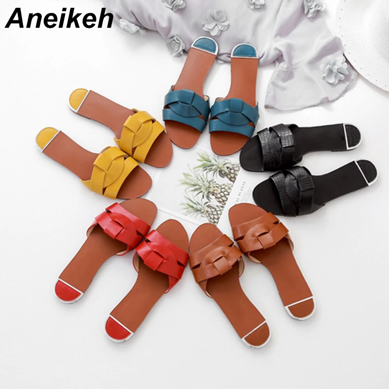 

Aneikeh 2019 Leisure Beach Fashion Women Slippers Flat Heel PU Open Round Toed Sexy Ladies Shoes Outdoor Female Slides 35-39