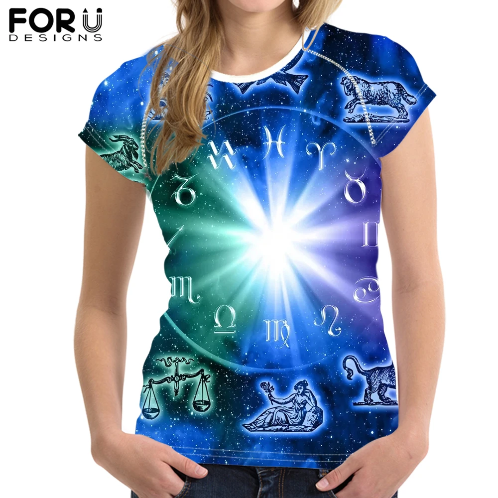 

FORUDESIGNS 12 Constellations Print T Shirt for Women Customize Your Image Short Sleeve Female Cool t-shirt Casual Women Tops