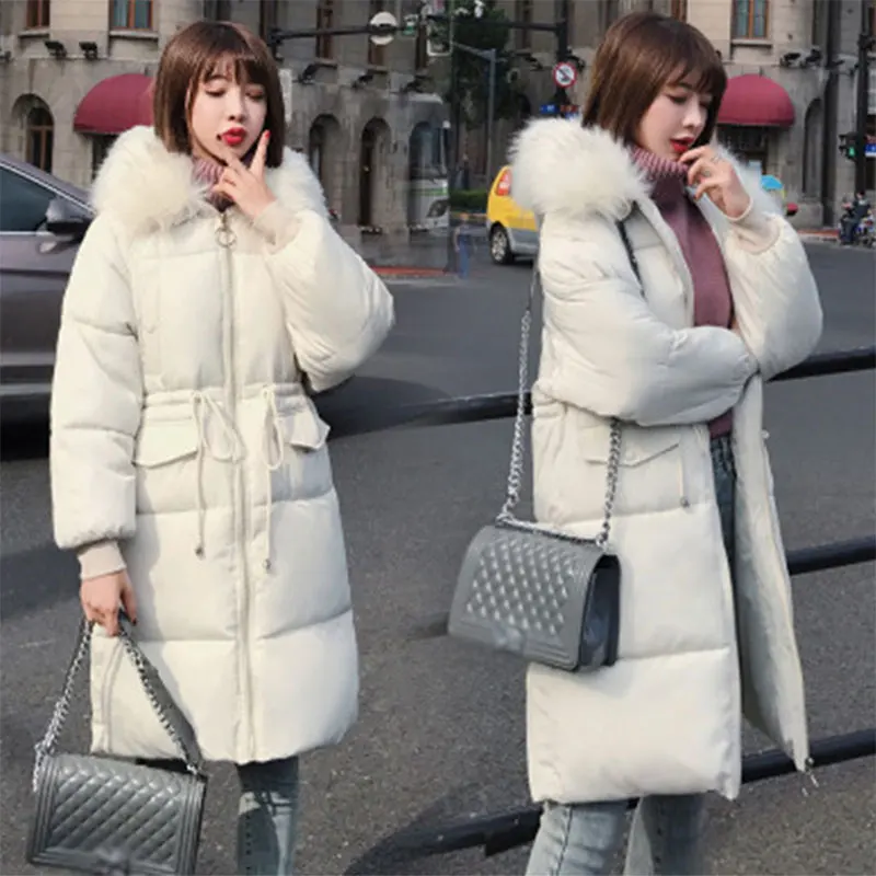 Beste Solid Fur Hooded Thicken Rits Lange Down Jassen Vrouwen Casual Lange Mouwen Lace Up Warm Katoen Jassen Vrouwelijke Hardy Jassen nieuwe