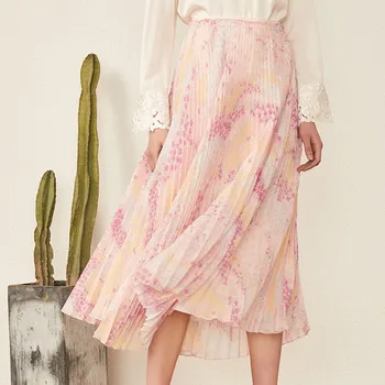

Women Pleated Midi Skirt Elastic Waist Flower Print Skirt