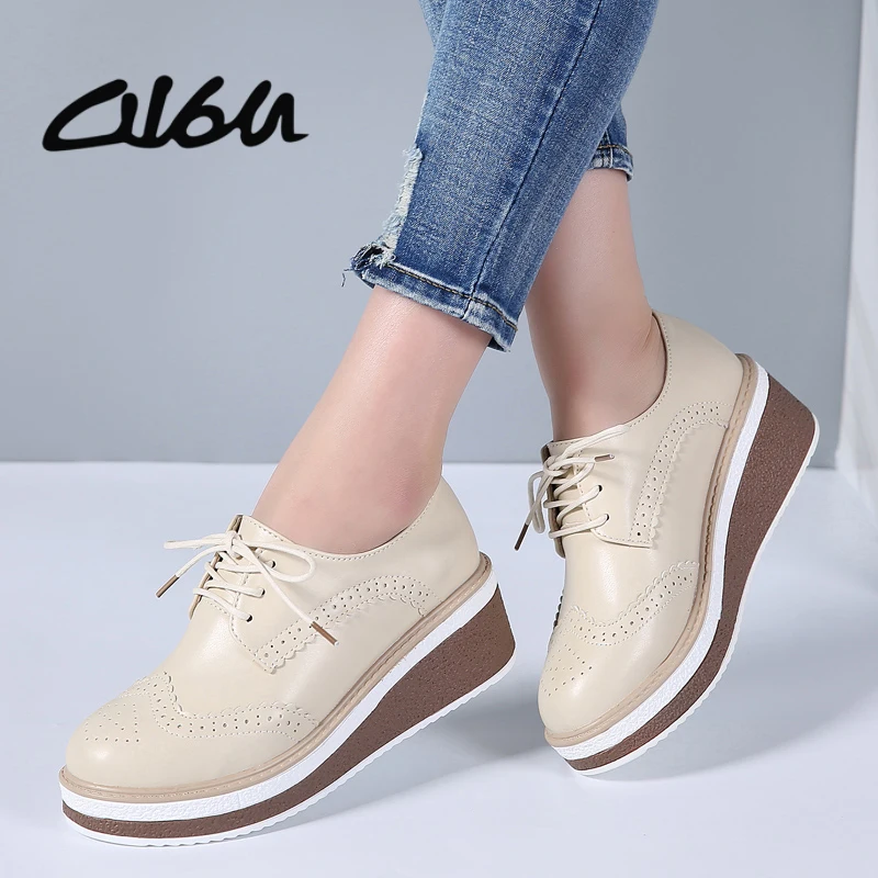 O16U 2018 Women Brogue Platform Shoes Genuine Leather Lace