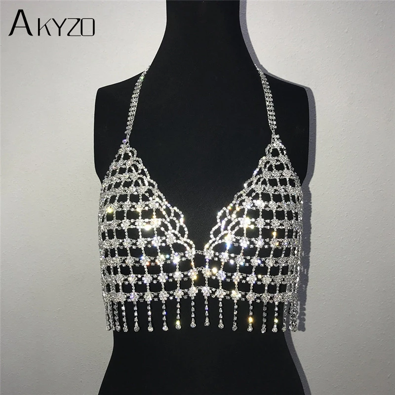 AKYZO высокое качество горный хрусталь Camis кроп топы Модные блестящие